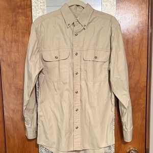 Men's Tan Button-Up long sleeve UV protective shirt.